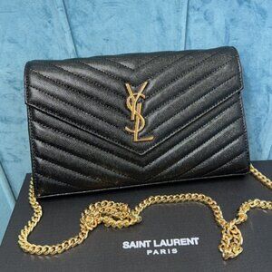 Yves Saint Laurent Black Leather Wallet On Chain Cassandre Quilted Crossbody Bag